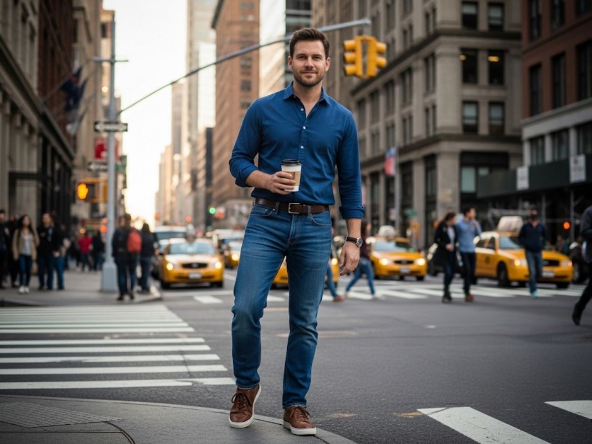 Phối quần jeans và áo màu xanh dương