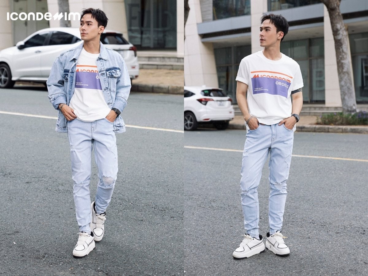 Mix quần jeans áo thun trắng và áo khoác denim