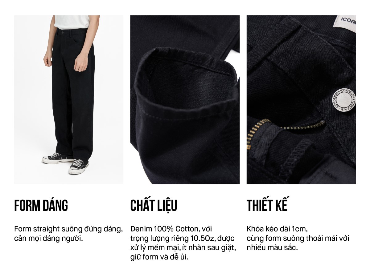 Quần Jean Nam Siêu Nhẹ Ống Suông Đen ICON105 Form Straight