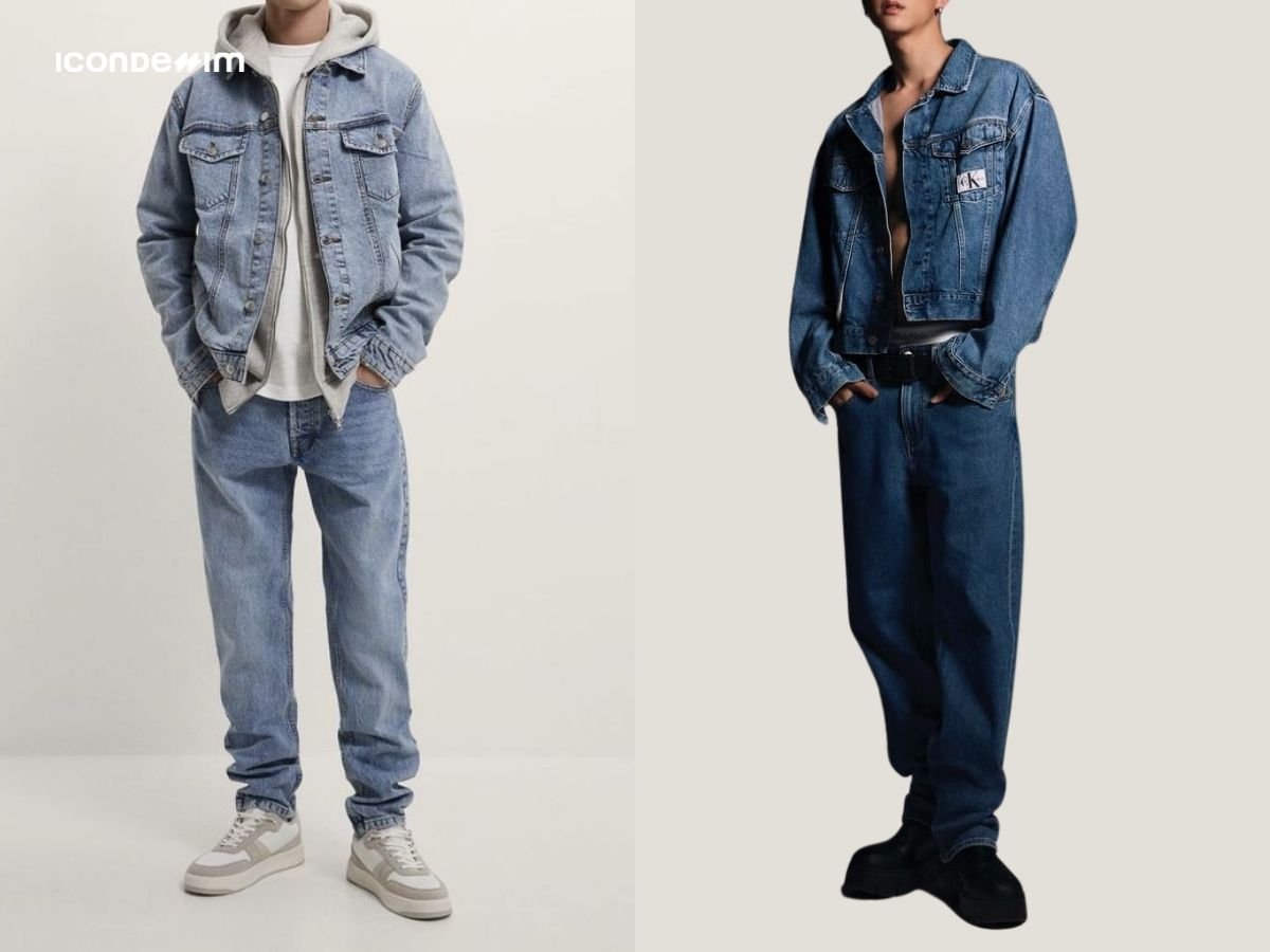 Phối quần jeans ống rộng với áo khoác denim mang đến cá tính