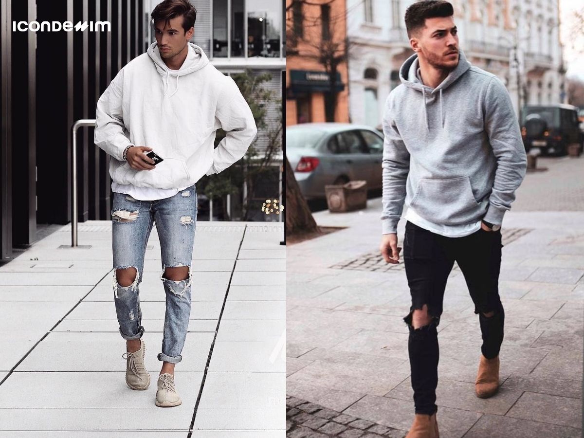 Phối quần jeans nam rách gối với áo hoodie là phong cách thời trang thể thao cực chất