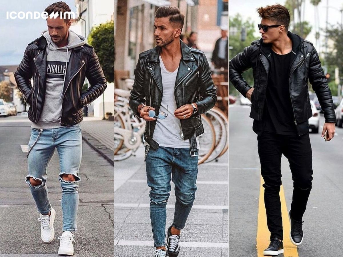 Outfit quần jeans rách với áo khoác da mang đến diện mạo chất chơi, thời thượng