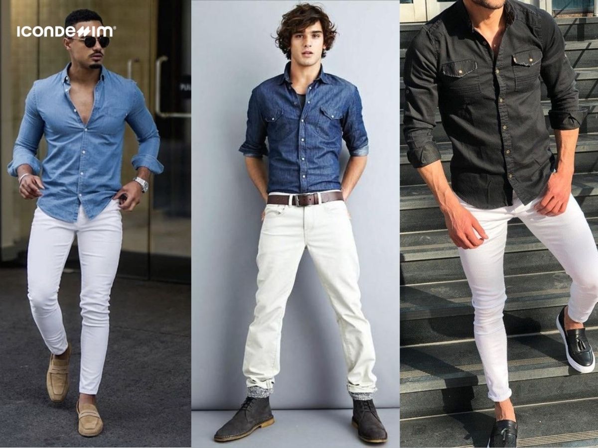 Mix quần jeans trắng với áo sơ mi denim