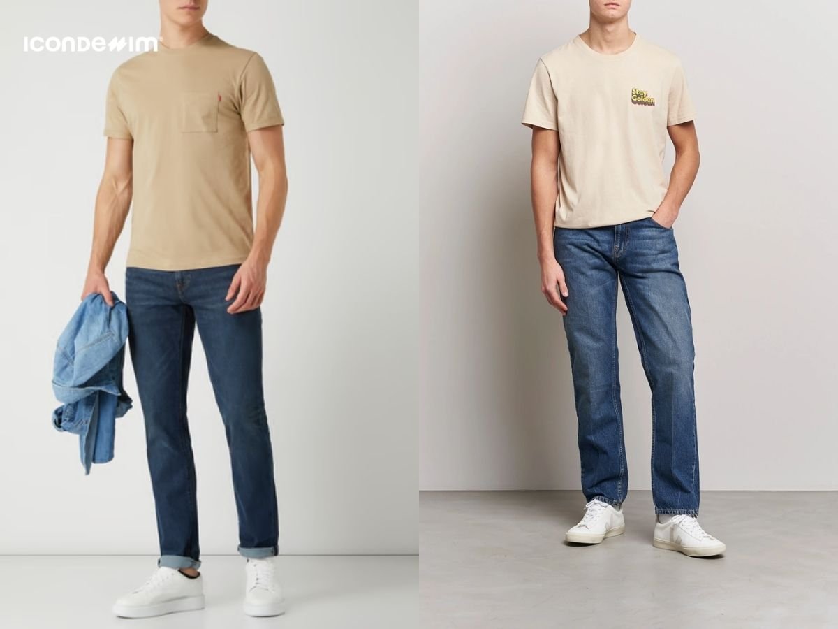 Quần jeans với áo thun màu be trẻ trung