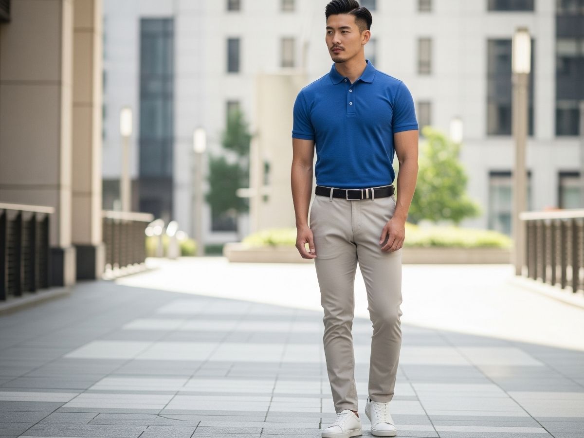 Quần màu be phối áo sơ mi màu xanh cobalt