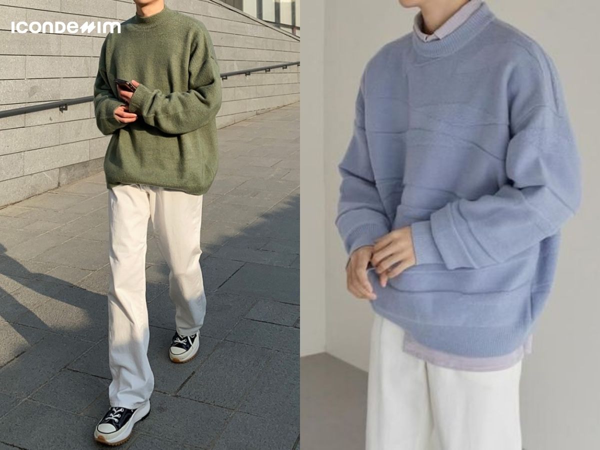 Quần ống rộng và áo sweater với đôi giày thể thao năng động