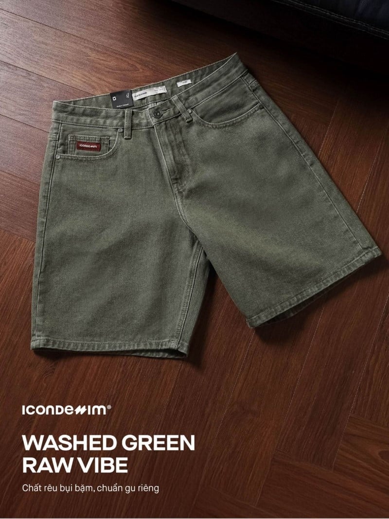 Quần Short Jean Nam Tag Da Moss Sage Tint Wash Form Baggy