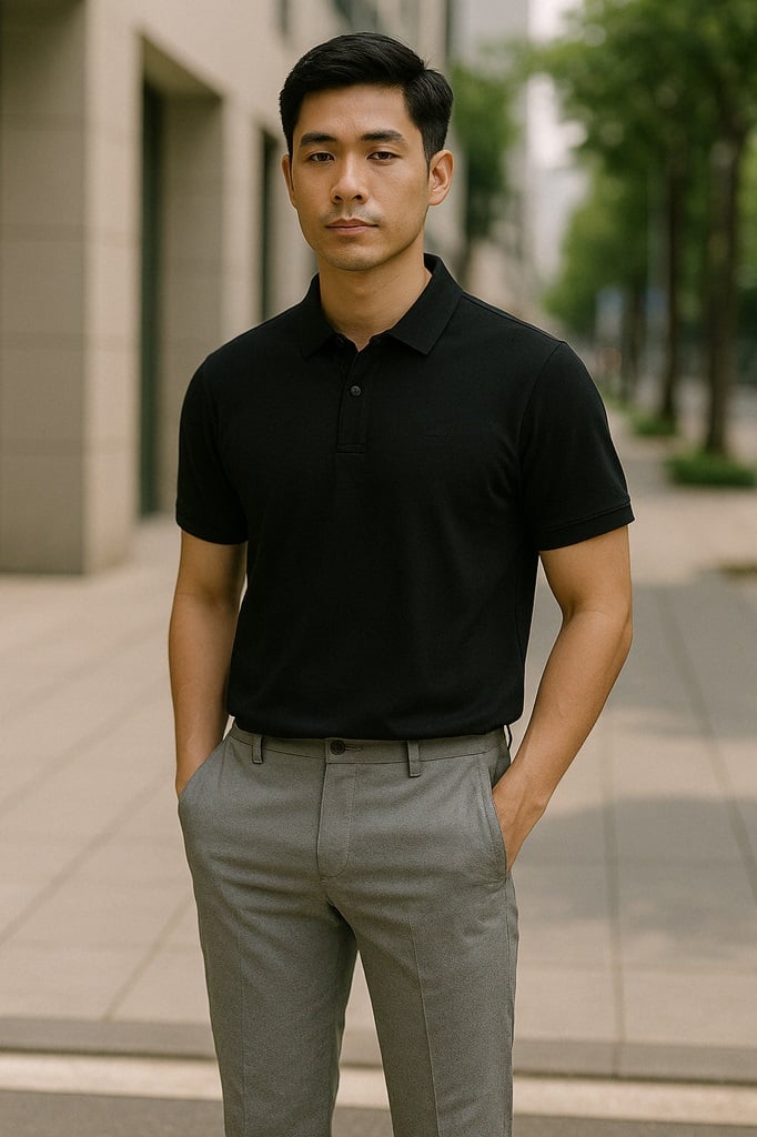 Quần xám phối áo polo đen