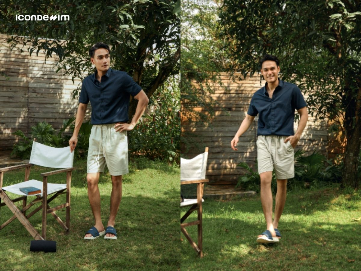 Sơ mi xanh navy với quần short kaki