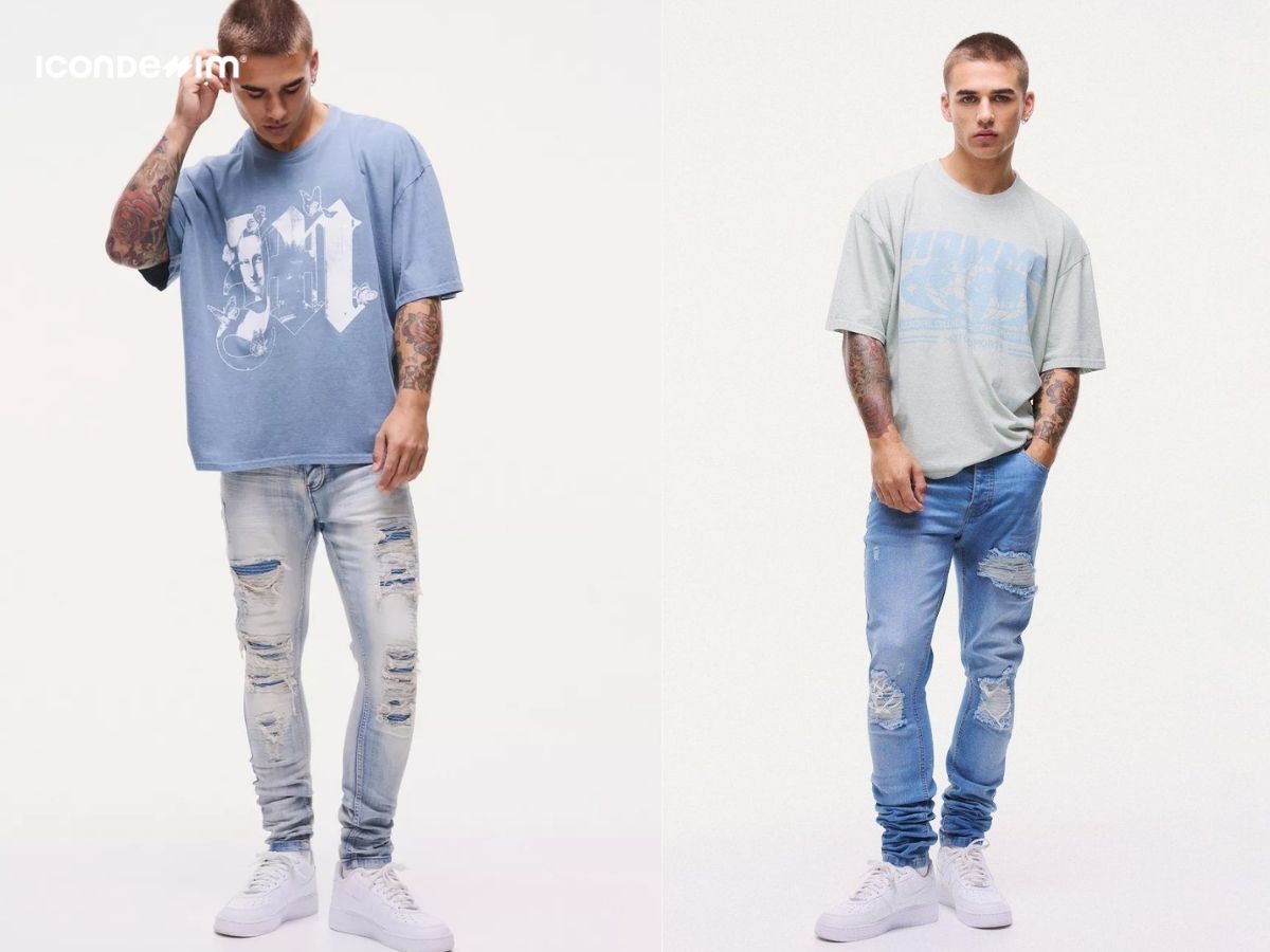 Style quần jeans rách với áo thun nam bụi bặm