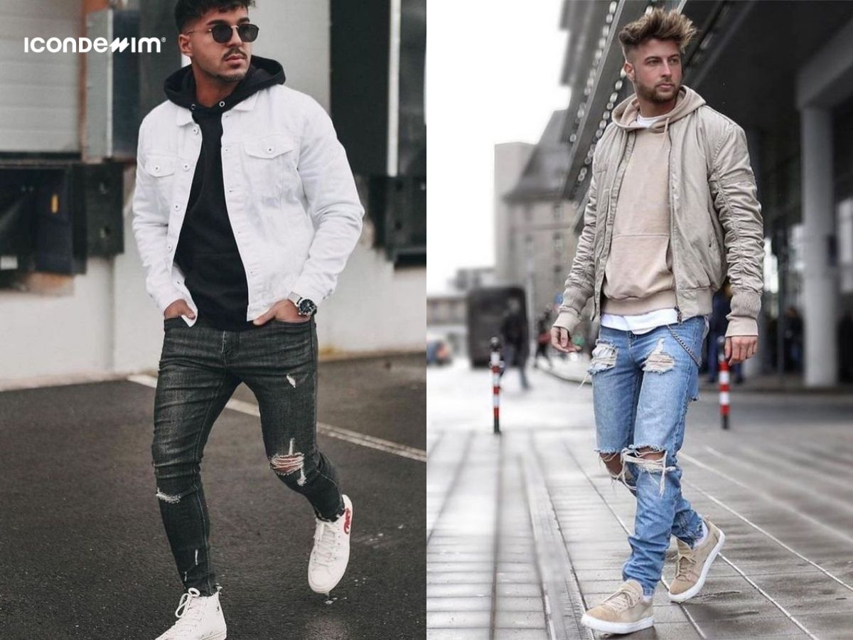 Diện áo hoodie với quần jeans và áo khoác bomber/áo denim