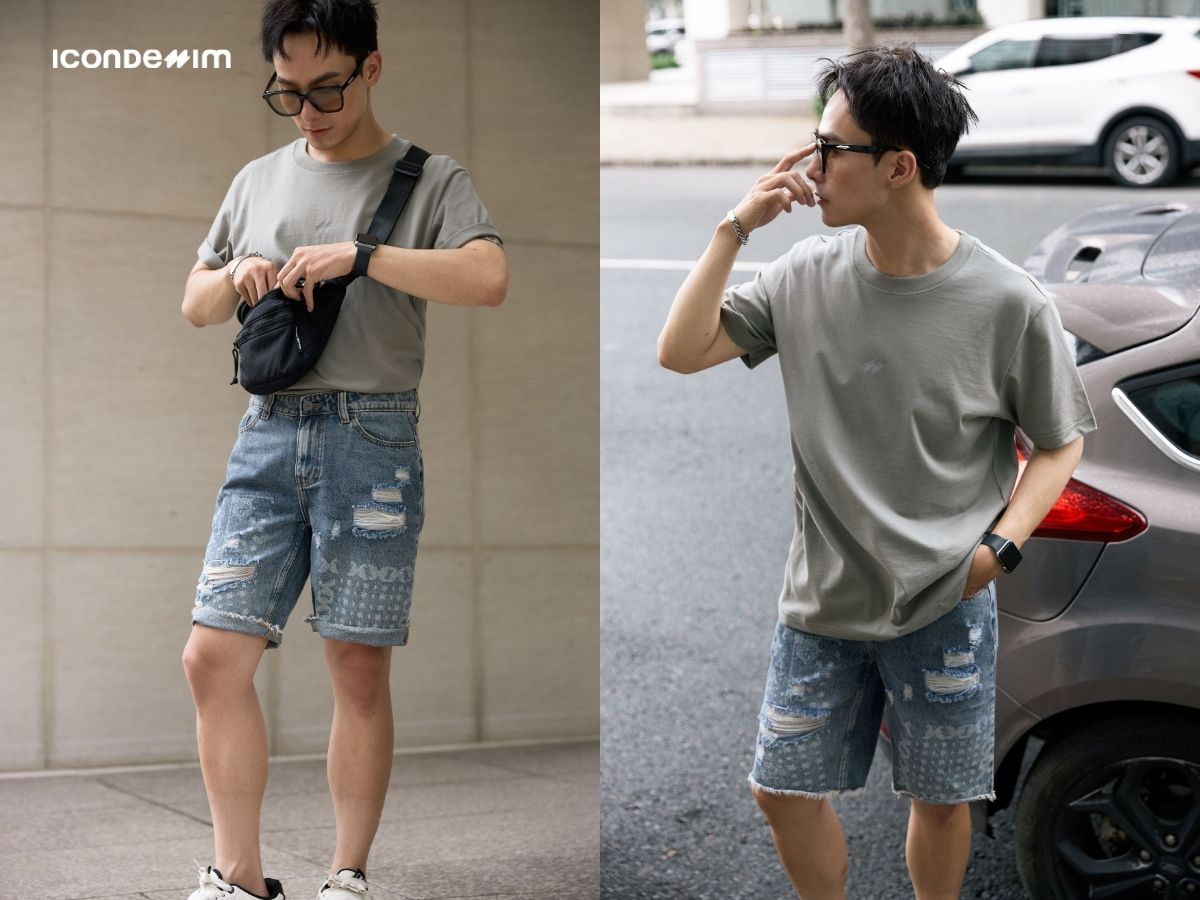 Quần short jean denim với áo thun trơn