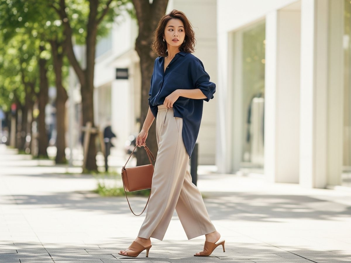 Áo sơ mi xanh navy dáng oversize với quần palazzo kem
