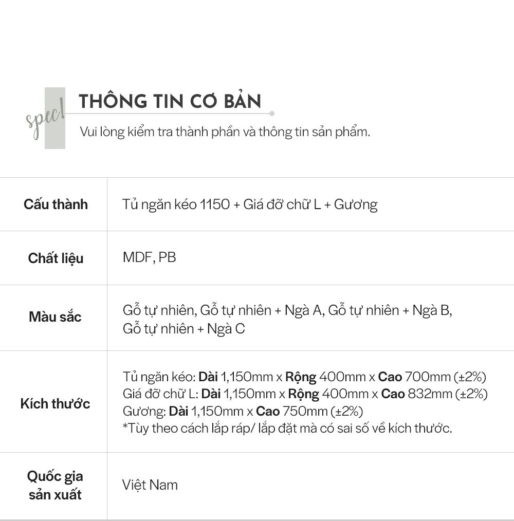 DT014 - BÀN TRANG ĐIỂM SCANDINAVIAN KÈM GƯƠNG L1150 - THÔNG TIN SP 