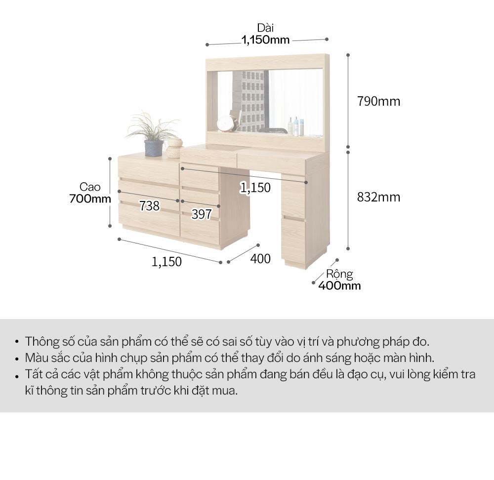 DT015 - BÀN TRANG ĐIỂM SCANDINAVIAN ĐÈN LED KÈM GƯƠNG L1150 - THÔNG TIN SP 