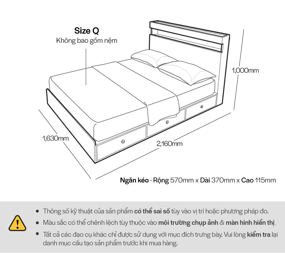 DB015 - GIƯỜNG LED CÓ NGĂN KÉO SIZE QUEEN - THÔNG TIN SP 