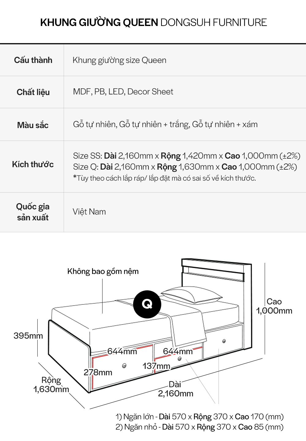 DB010 - GIƯỜNG LED SIZE QUEEN CÓ NGĂN KÉO - THÔNG TIN SP 