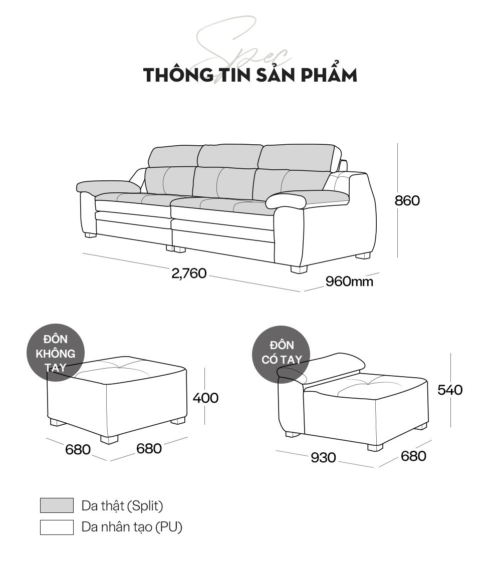 SF305 - GHẾ SOFA DA THẬT 4 CHỖ NGỒI KÈM ĐÔN