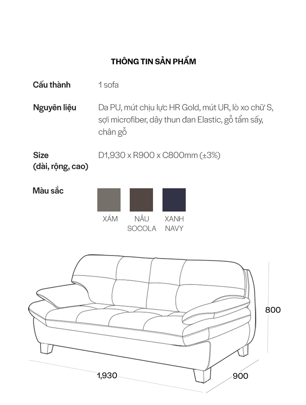 SF308 - GHẾ SOFA DA PU 3 CHỖ NGỒI_KÍCH THƯỚC