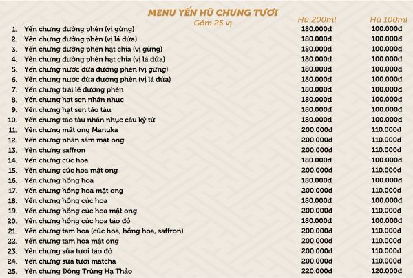 Menu yến hũ chưng tươi tại Ngọc Hoàng Yến