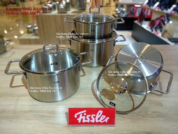 Set 4 nồi inox 3 đáy nắp kính Fissler Hamburg đầy đủ các kích cỡ 24cm, 20cm, 16cm và nồi lẩu nhỏ 20cm