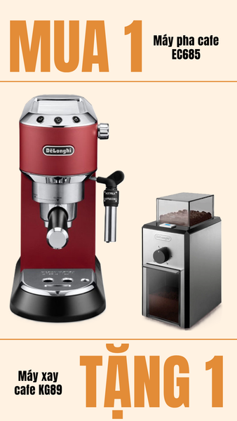 Khuyến mãi: mua 1 máy pha cà phê gia đình delonghi ec685 tặng 1 máy xay cafe Delonghi kg89