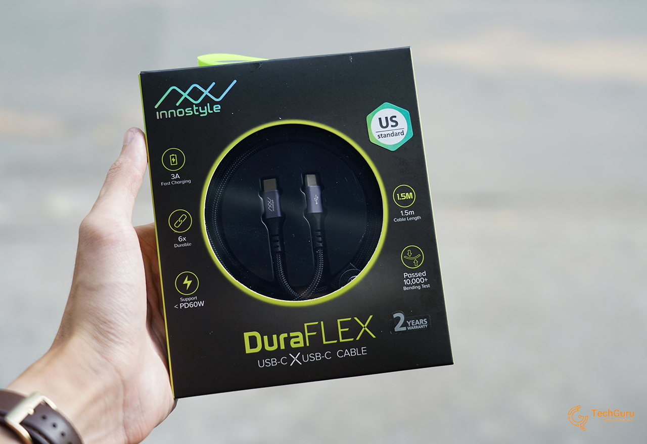Trên tay cáp Innostyle DuraFlex hai đầu Type-C, lớp bọc Kevlar bền bỉ, hỗ trợ sạc nhanh 60W