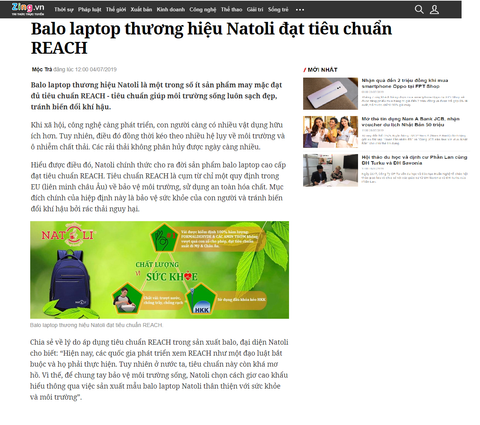 Báo chí nói về chúng tôi: thương hiệu balo Natoli đạt chuẩn REACH