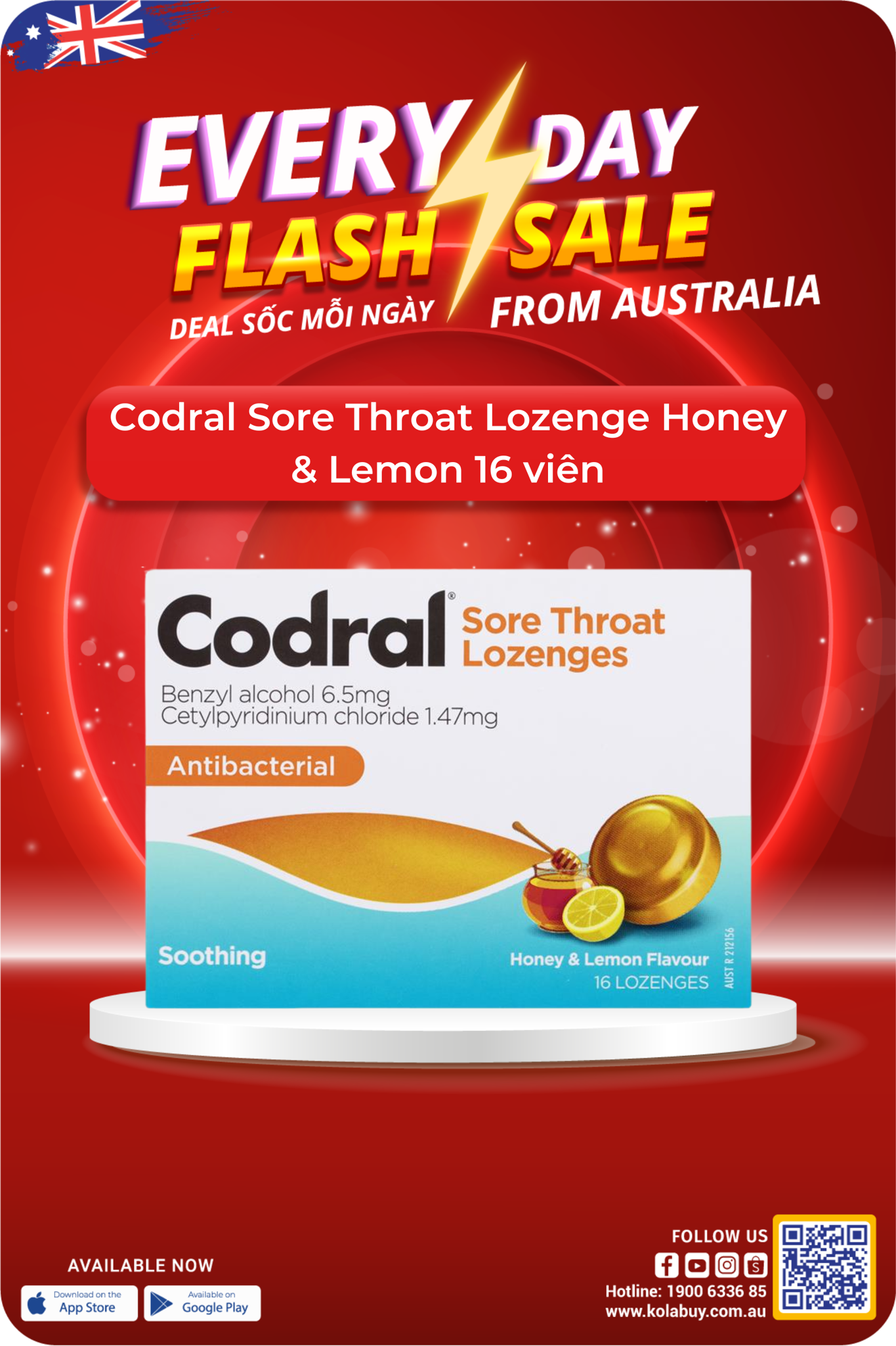 Codral Sore Throat Lozenge Honey & Lemon 16 viên