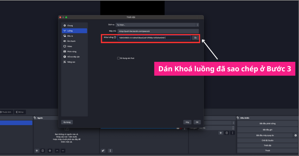Nhập Key Stream Vào phần mềm OBS