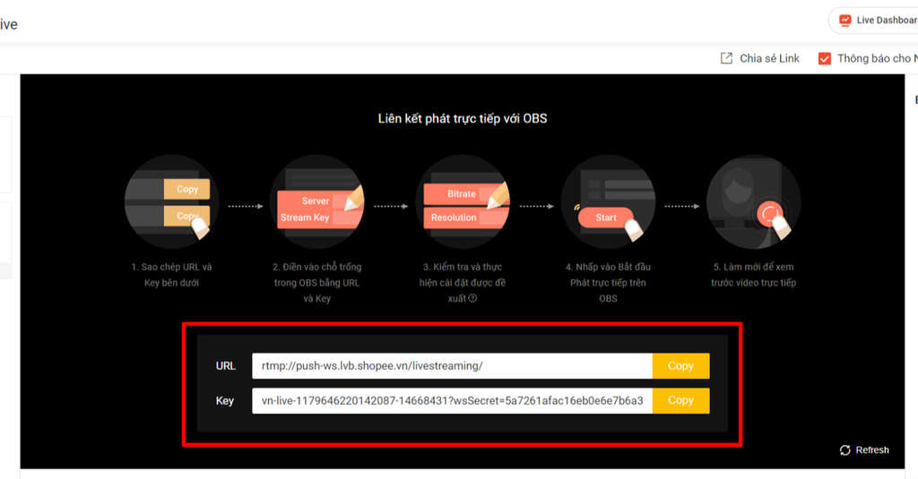 Tạo buổi livestream mới và sao chép URL Stream và Stream Key