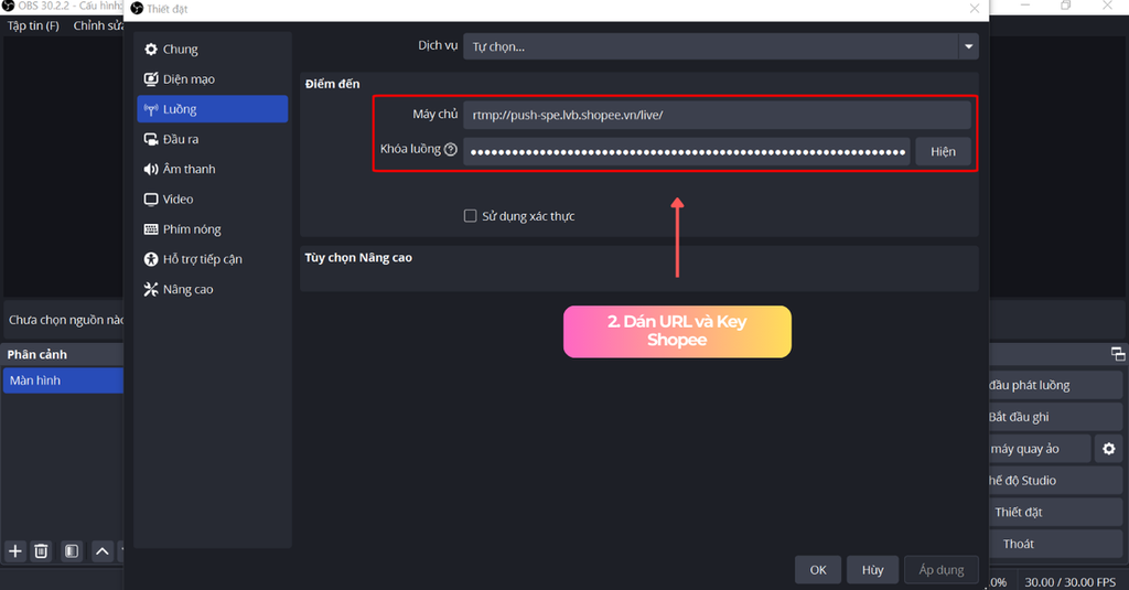 Tạo buổi livestream mới và sao chép URL Stream và Stream Key