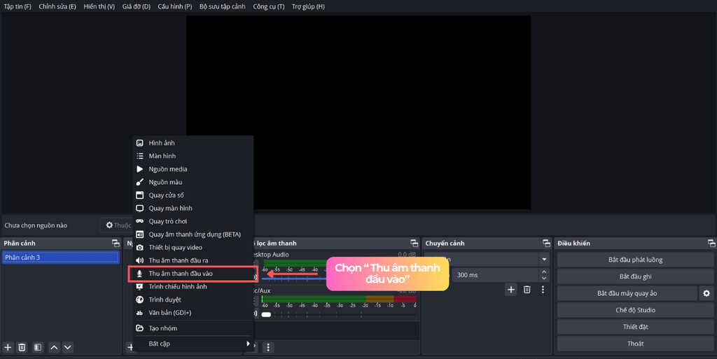 Thêm nguồn âm thanh PC từ phần mềm obs