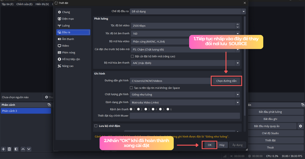 Chọn nơi lưu trữ trên phần mềm obs khi livestream