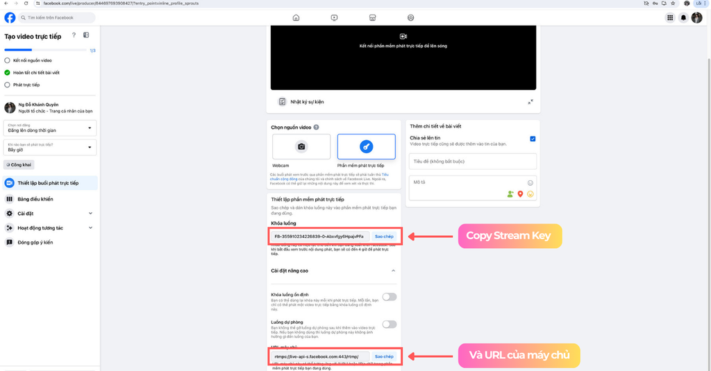 Sao chép Stream Key mà Facebook cung cấp