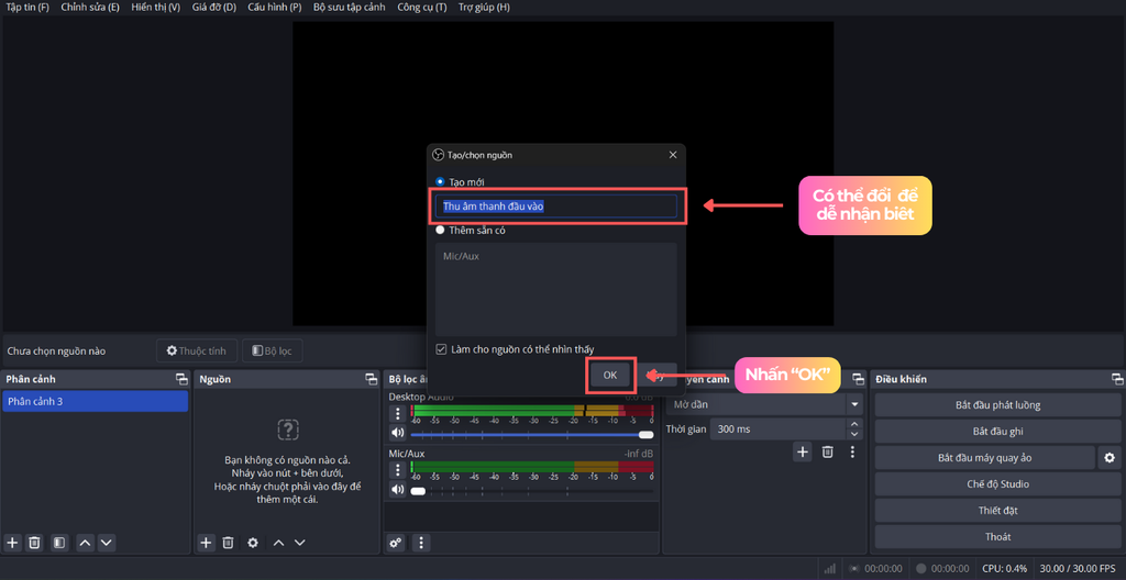 Thêm âm thanh capture card vào obs studio
