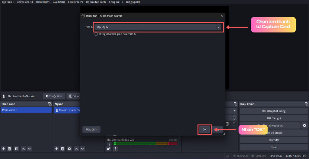 Thêm âm thanh capture card vào obs studio