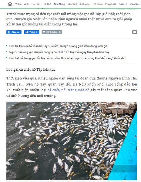 [BÁO DANVIET.VN] Chuyên gia Nhật Bản chỉ rõ nguyên nhân thật sự cá chết liên tục nổi trắng góc hồ Tây