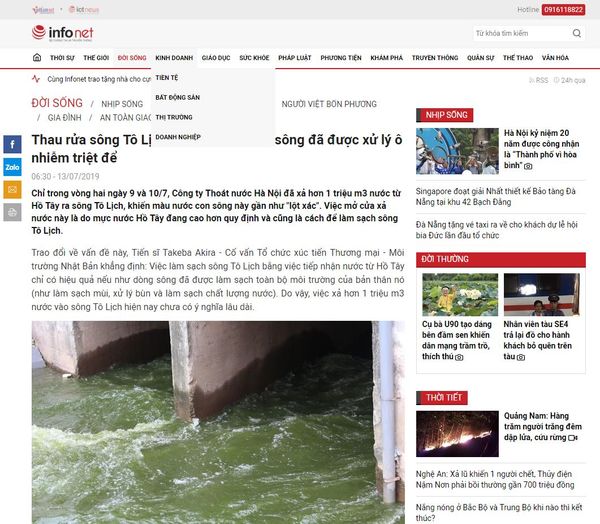 [BÁO INFONET.VN] Thau rửa sông Tô Lịch: Chỉ hiệu quả khi sông đã được xử lý ô nhiễm triệt để