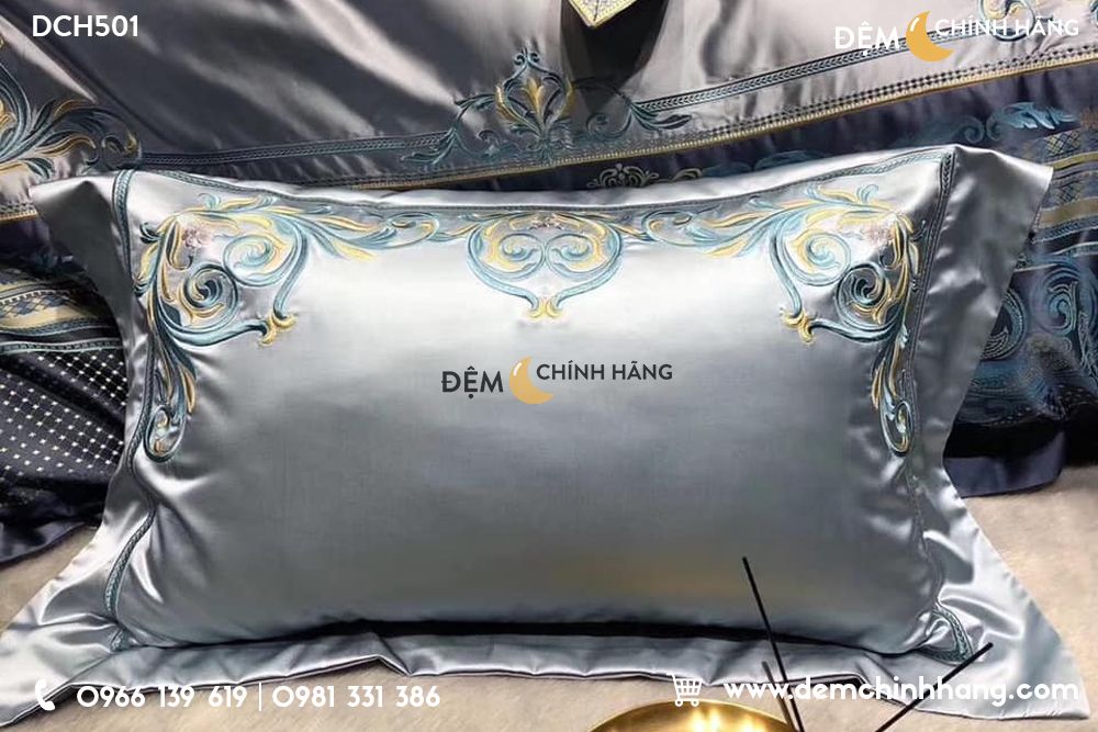  Bộ Chăn Ga Luxury Xanh Ghi DCH500, Bộ 8 Món Sang Trọng Giá Tốt Nhất