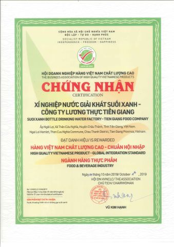 XÍ NGHIỆP NƯỚC GIẢI KHÁT SUỐI XANH – CÔNG TY LƯƠNG THỰC TIỀN GIANG (TIGIFOOD) - ĐẠT DANH HIỆU HÀNG VIỆT NAM CHẤT LƯỢNG CAO – CHUẨN HỘI NHẬP 2019