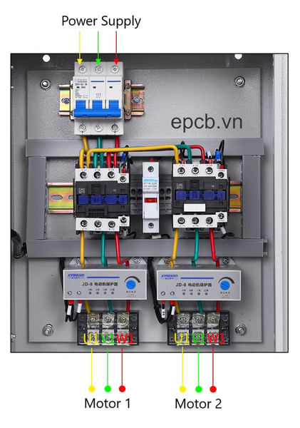 Tủ điện điều khiển 2 động cơ độc lập có bảo vệ mất pha quá áp