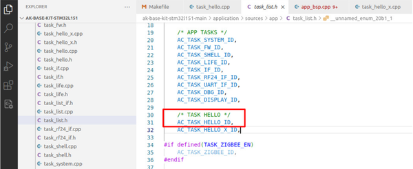 5. Khai báo task_id trong file task_list.h, đặt tên là: AC_TASK_HELLO_ID