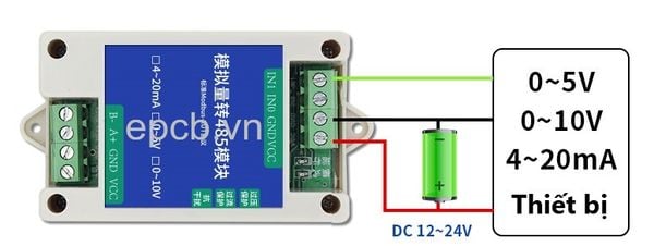 Sơ đồ dây Bộ chuyển đổi tín hiệu tương tự ( 0 - 5V | 0 - 10V ) sang RS485 USB-ANALOG-RS485-02 ( 0 - 5V to RS485 )