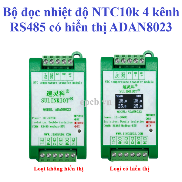Bộ đọc nhiệt độ NTC10k 4 kênh RS485 có hiển thị ADAN8023