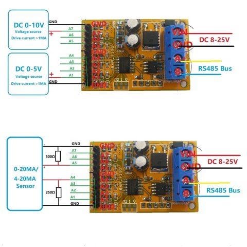 Mạch đọc điện thế 3 kênh (0-10V),  4 kênh (0-5V) ADC Modbus RTU kết nối PLC