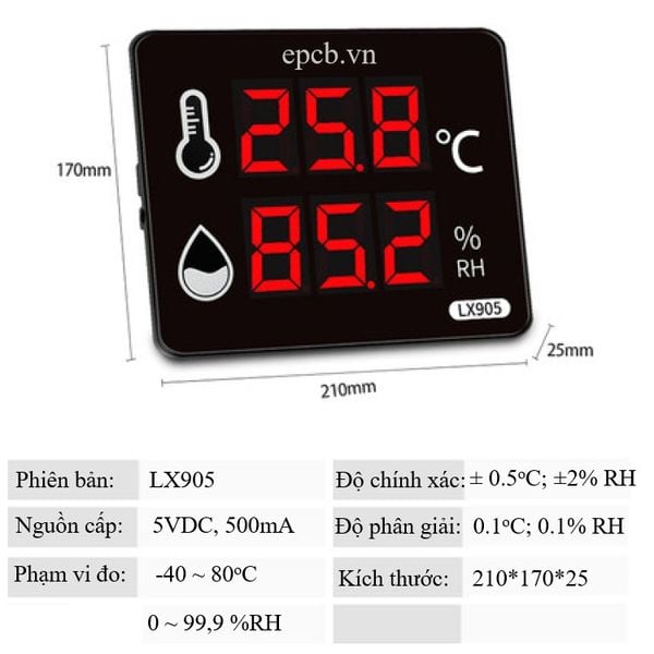 Đồng hồ đo nhiệt độ, độ ẩm hiển thị màn hình LED LX905
