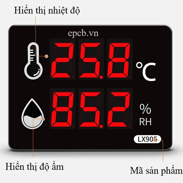 Đồng hồ đo nhiệt độ, độ ẩm hiển thị màn hình LED LX905