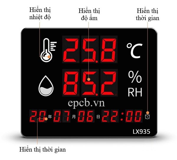 Đồng hồ đo nhiệt độ độ ẩm hiển thị  ngày giờ màn hình led EP-LX935