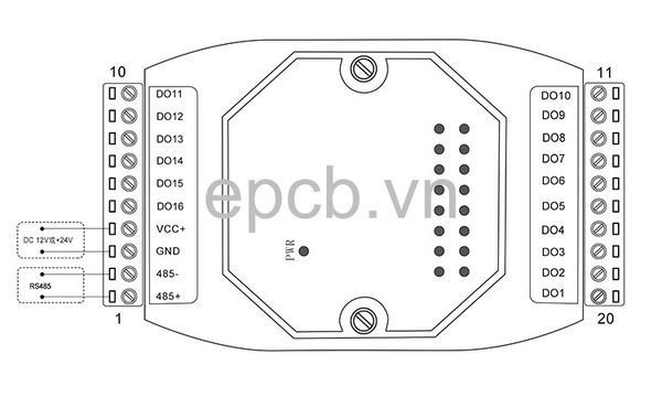 Module chuyển đổi 16 cổng ngõ ra DO công nghiệp sang RS485 Modbus RTU